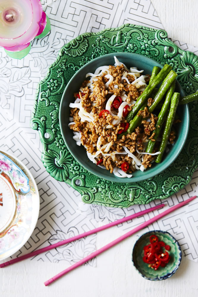 Chinese-style stir fry pork and noodles with snake beans - Chang's