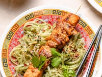 Spicy grilled salmon with herb noodles